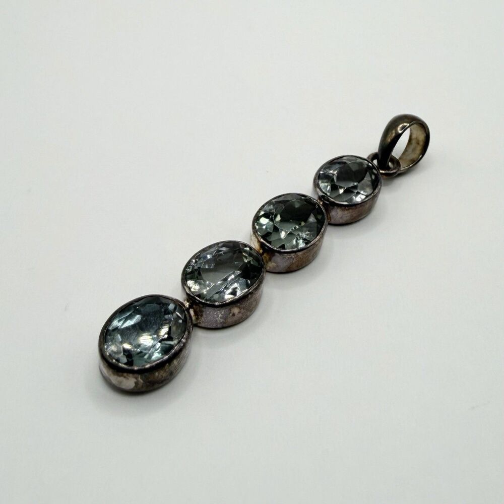 925 Sterling Silver Blue Topaz 4 Stone Drop Pendant 1.5" 3.6g